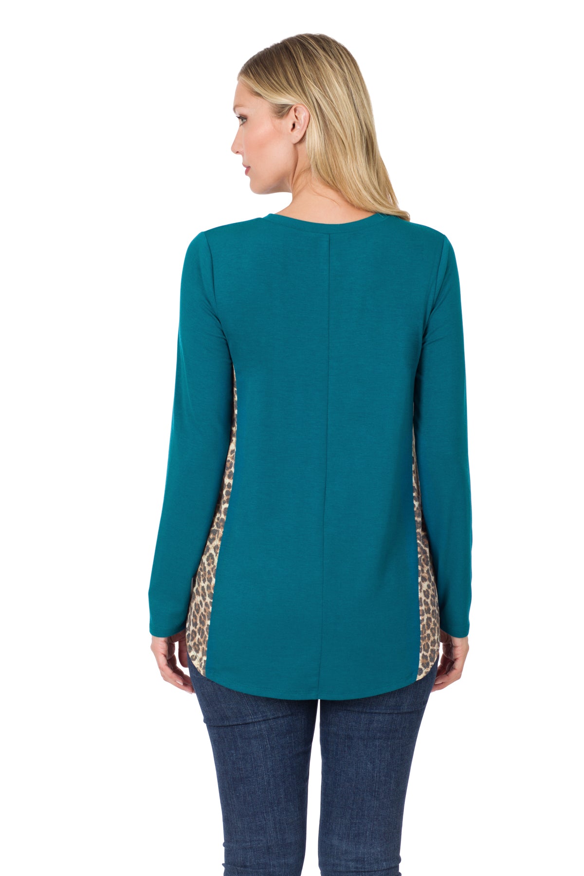 8224 Animal Print Accent Side Panel Long Sleeve Top with pocket - Teal