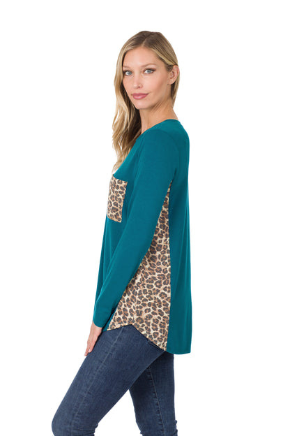 8224 Animal Print Accent Side Panel Long Sleeve Top with pocket - Teal