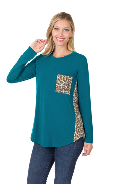 8224 Animal Print Accent Side Panel Long Sleeve Top with pocket - Teal