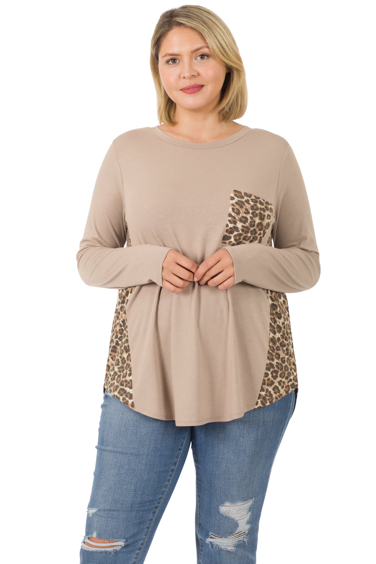 8224 Animal Print Accent Side Panel Long Sleeve Top with pocket - Ash Mocha