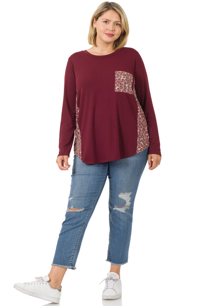 8224 Animal Print Accent Side Panel Long Sleeve Top with pocket -Dk Burgundy