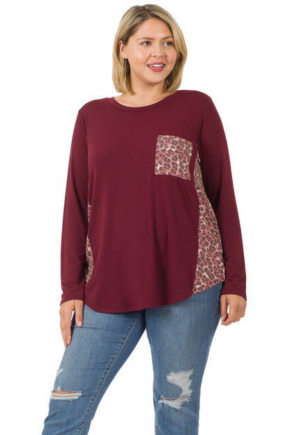 8224 Animal Print Accent Side Panel Long Sleeve Top with pocket -Dk Burgundy