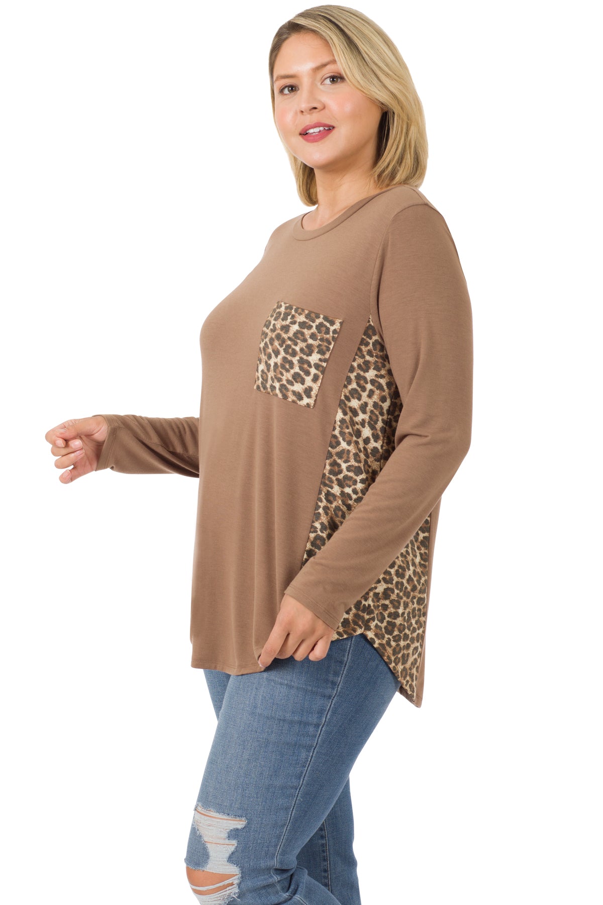 8224 Animal Print Accent Side Panel Long Sleeve Top with pocket - Mocha