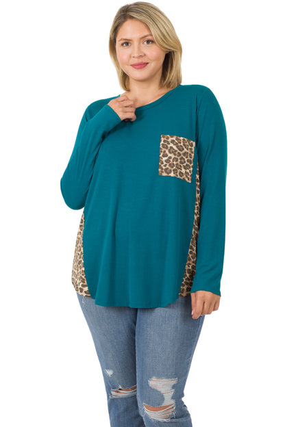 8224 Animal Print Accent Side Panel Long Sleeve Top with pocket - Teal