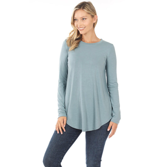 Long Sleeve Tee, Round Neck and Hem, Gray Blue