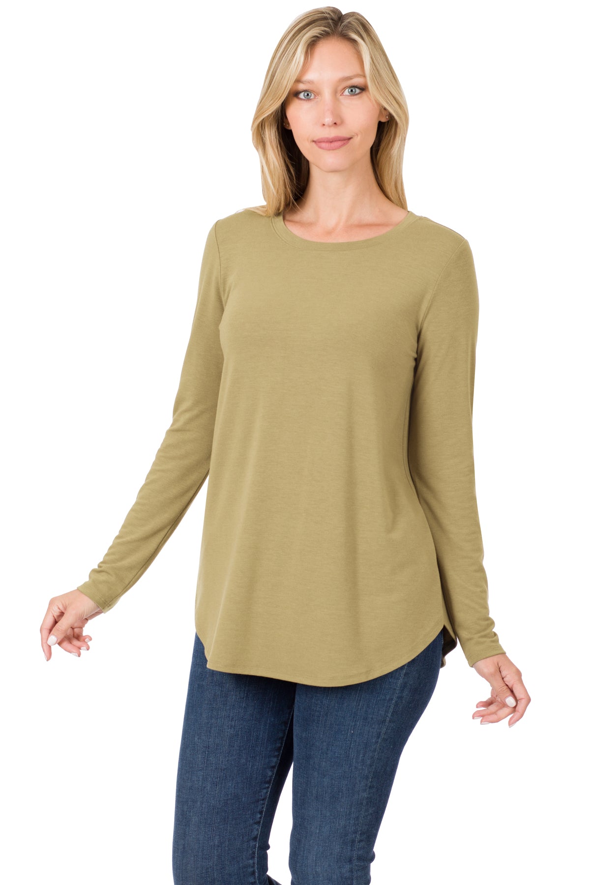 LONG SLEEVE ROUND NECK ROUND HEM TOP 2103 Khaki