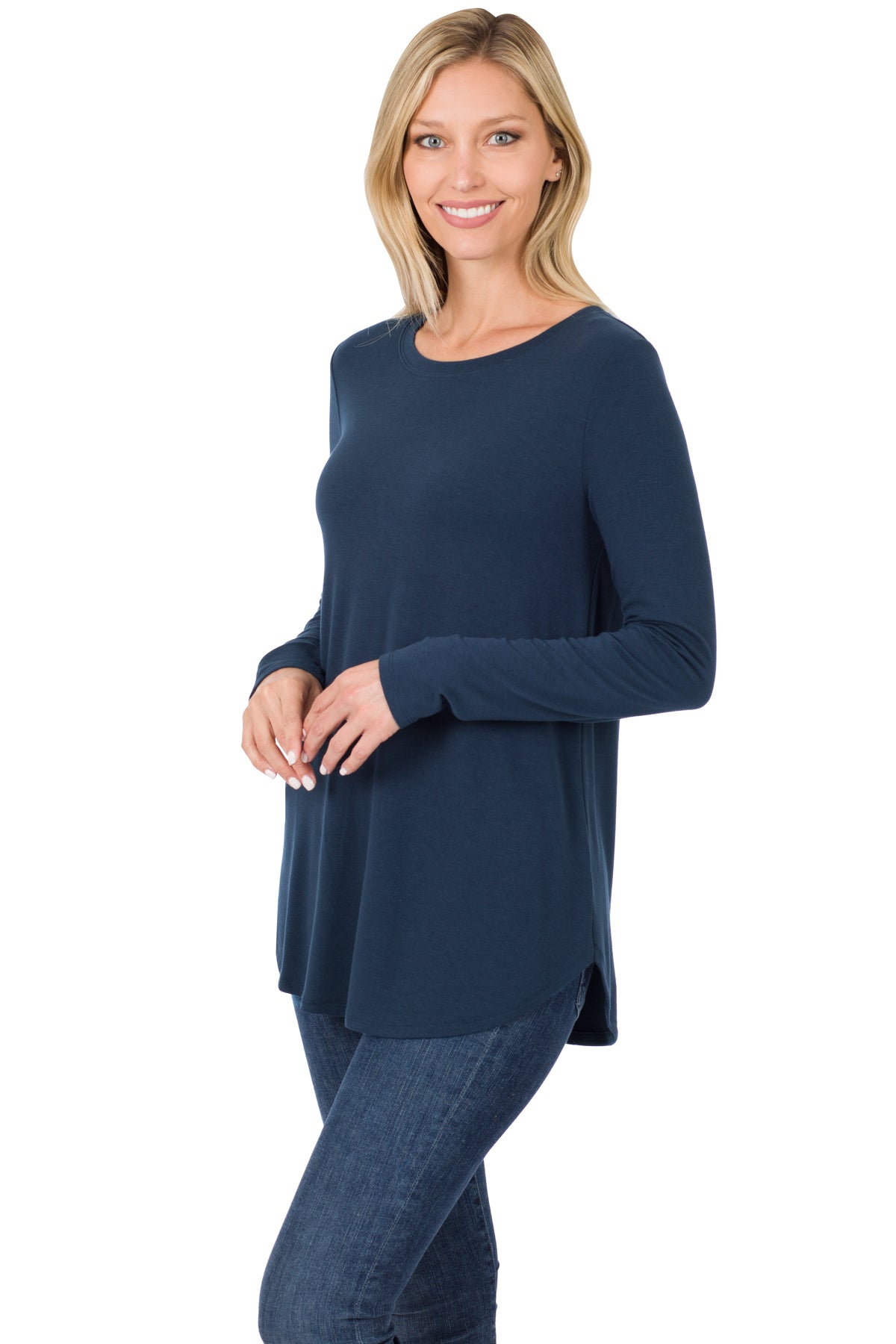 LONG SLEEVE ROUND NECK ROUND HEM TOP 2103 Light Navy