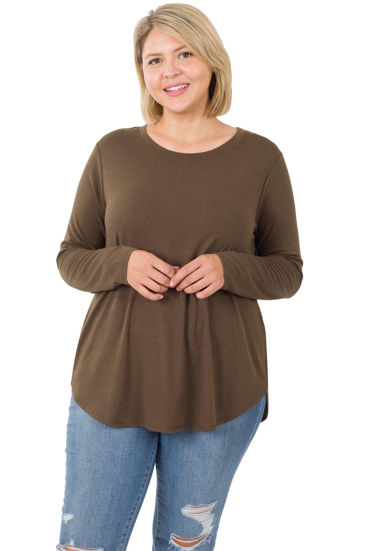 long sleeve round neck tee front view