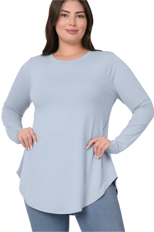 Long Sleeve Round Neck Round Hem Knit Top 2103 Ash Blue