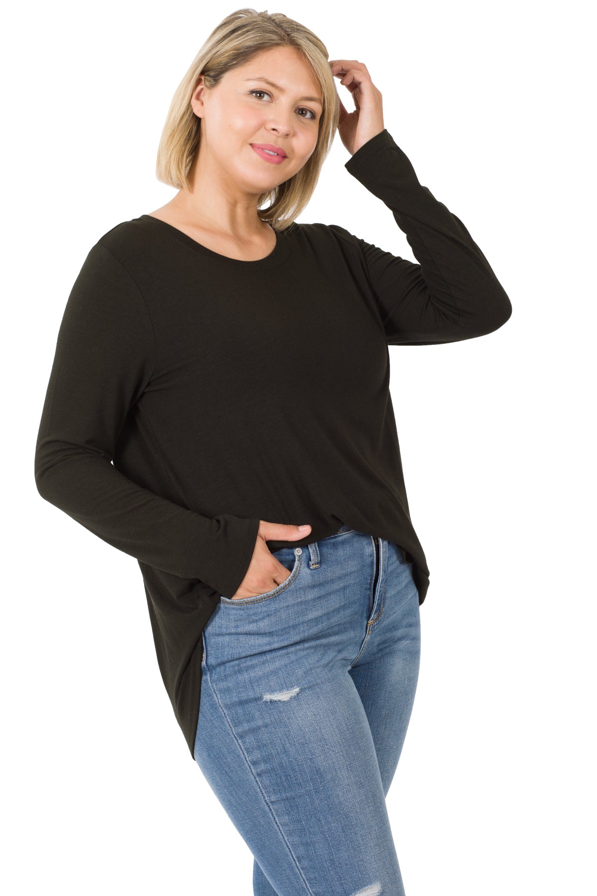 LONG SLEEVE ROUND NECK ROUND HEM TOP 2103 Black