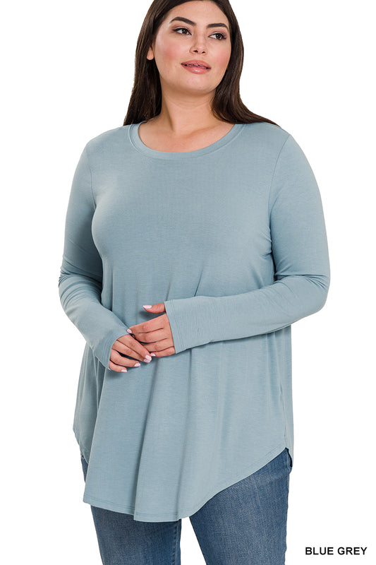 LONG SLEEVE ROUND NECK ROUND HEM TOP 2103 Blue Grey