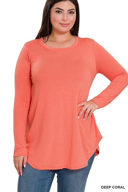 LONG SLEEVE ROUND NECK ROUND HEM TOP 2103 Deep Coral