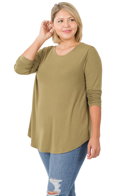 LONG SLEEVE ROUND NECK ROUND HEM TOP 2103 Khaki