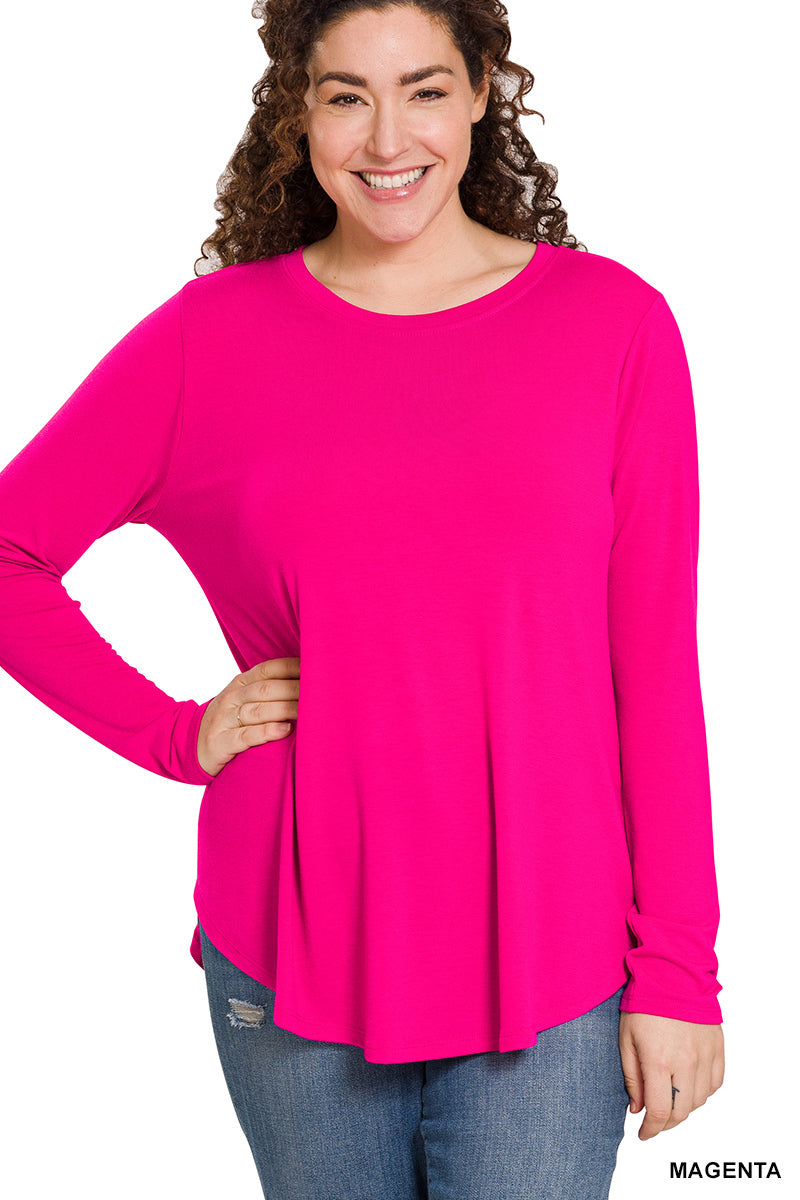 LONG SLEEVE ROUND NECK ROUND HEM TOP 2103 Magenta