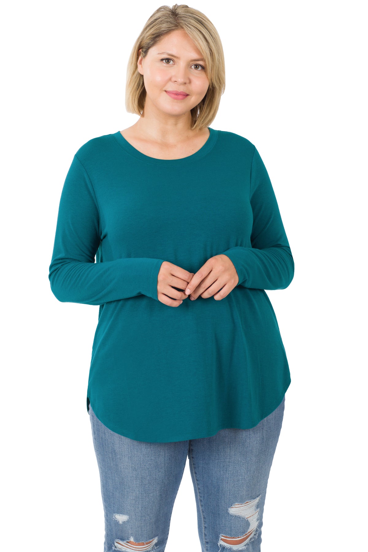 LONG SLEEVE ROUND NECK ROUND HEM TOP 2103 Teal