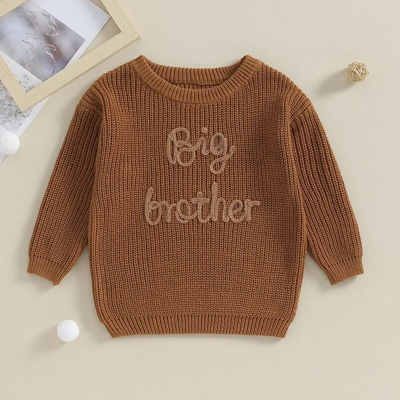Toddler Kids Boys Sweaters Cotton Long Sleeve Letter Embroidery Big Brother Pullover Loose Knitwear Top