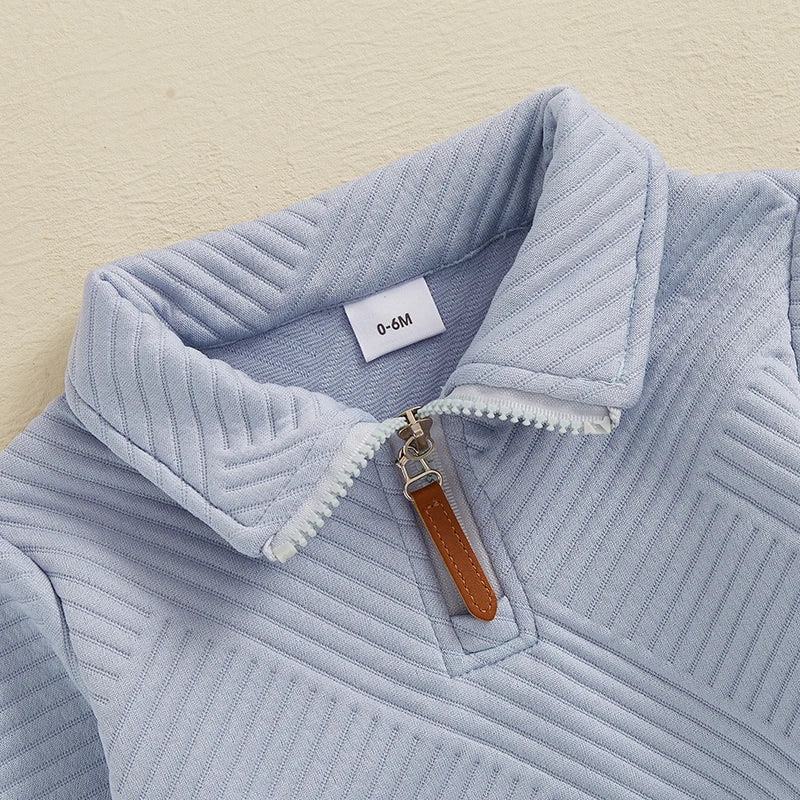 Baby Toddler Boys 2Pcs Autumn Outfit Set Long Sleeve Lapel Half Zip Up Pullover Solid Color Pants Set