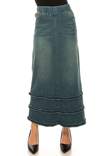 Be-Girl 87804 Denim Jean Maxi Skirt Mini Ruffle Vintage Wash