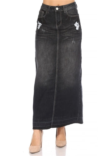 Be-Girl 87995 Black Wash long skirt Distressed Denim Jean Maxi