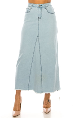 Be-Girl 89209 Light Indigo Long Denim Maxi Skirt Frayed Hem