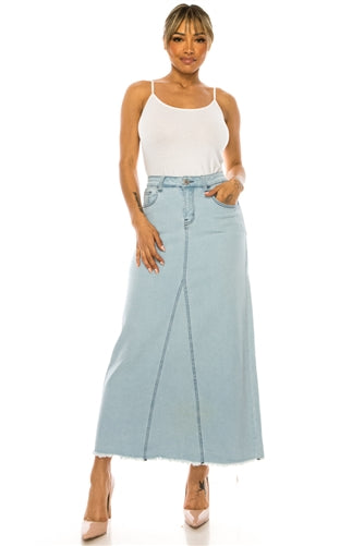 Be-Girl 89209 Light Indigo Long Denim Maxi Skirt Frayed Hem