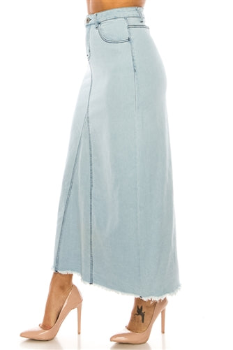 Be-Girl 89209 Light Indigo Long Denim Maxi Skirt Frayed Hem