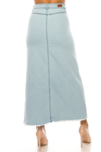 Be-Girl 89209 Light Indigo Long Denim Maxi Skirt Frayed Hem