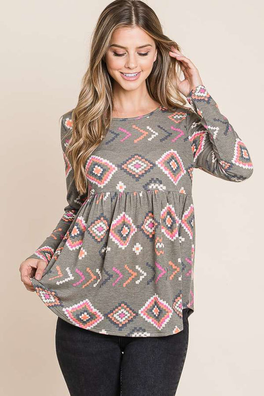 Bombom TL1674 Southwest Print Peplum Top