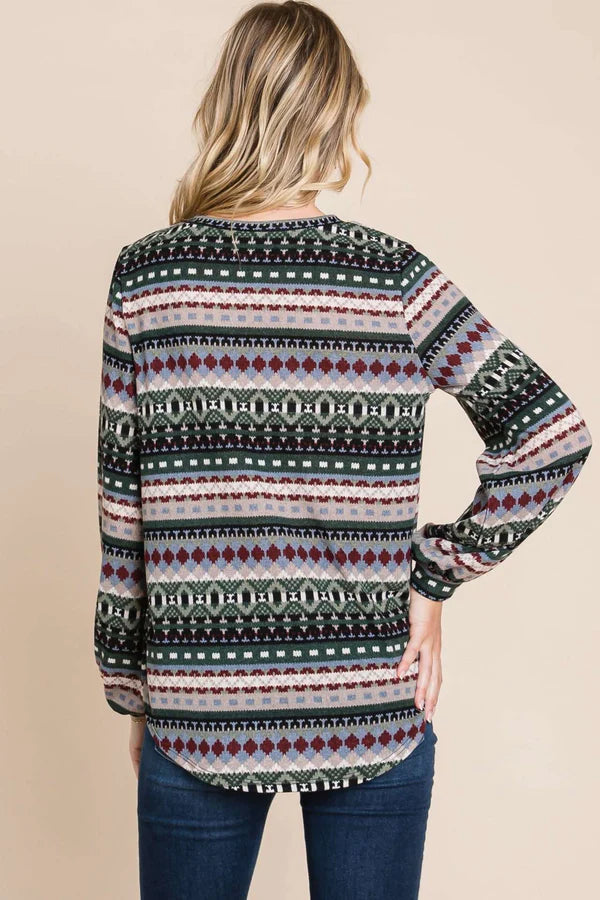 Bombom TL1699A Fair Isle Print Loose Fit Tunic Top