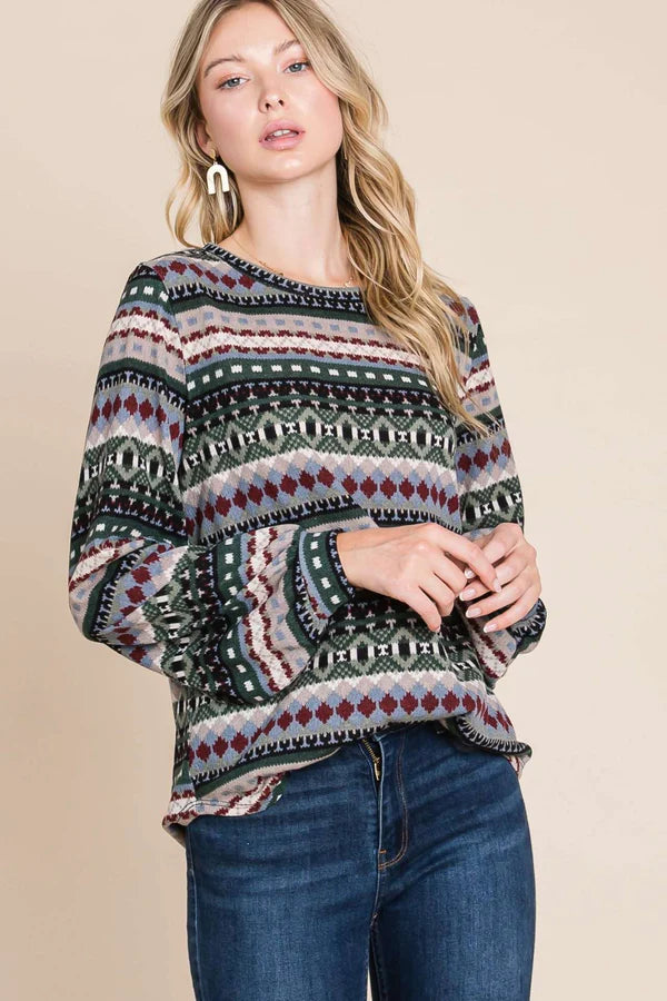 Bombom TL1699A Fair Isle Print Loose Fit Tunic Top