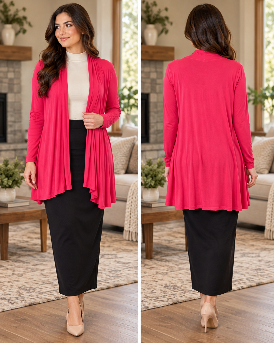 Azules Bright Pink Plus Size Open-Front Cardigan lifestyle view 3