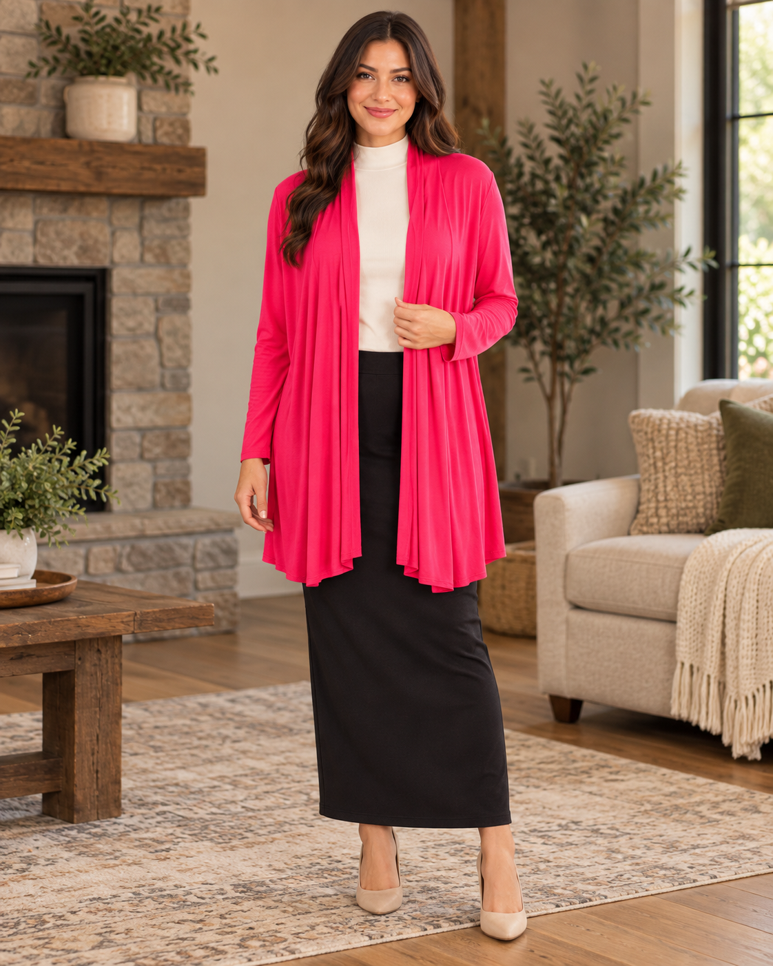 Azules Bright Pink Plus Size Open-Front Cardigan lifestyle view 1