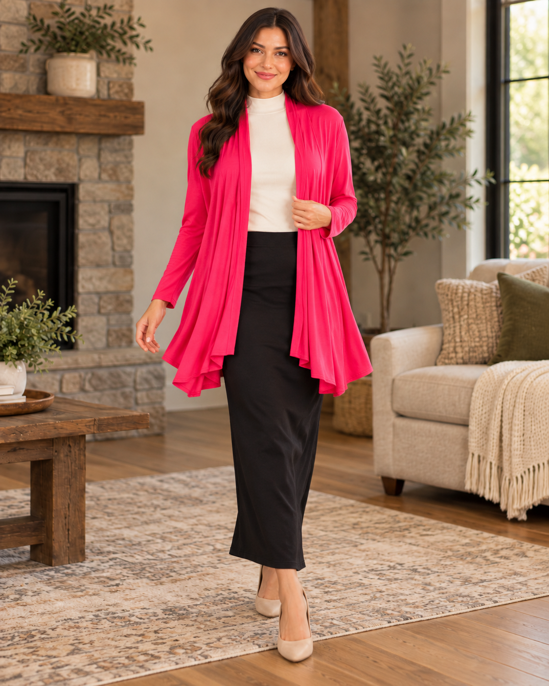 Azules Bright Pink Plus Size Open-Front Cardigan lifestyle view 4