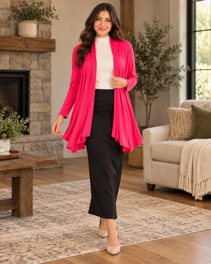 Azules Bright Pink Plus Size Open-Front Cardigan lifestyle view 4