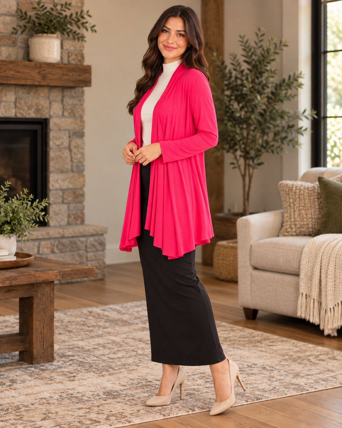 Azules Bright Pink Plus Size Open-Front Cardigan lifestyle view 5