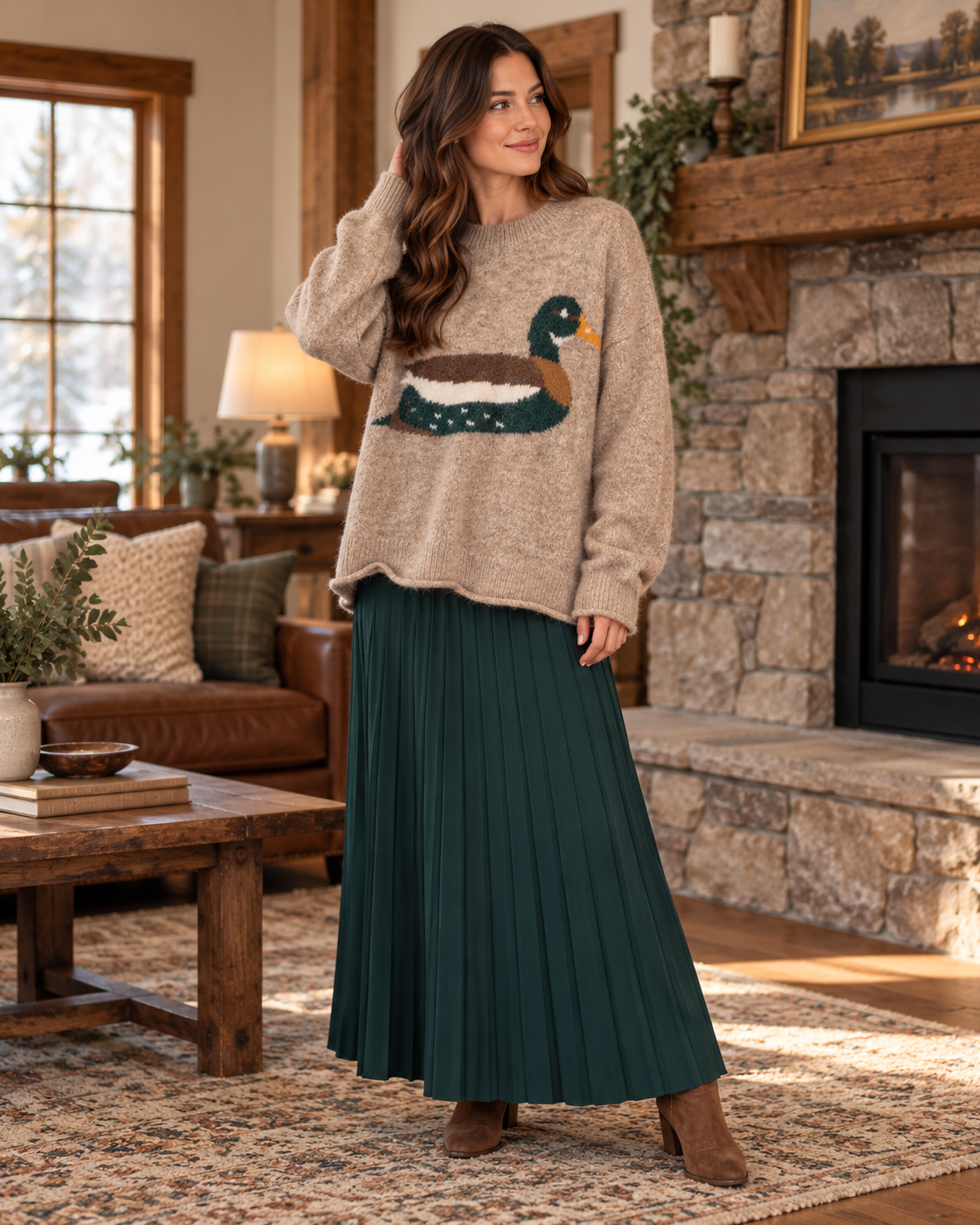 Mallard Drake Heathered Mocha Duck Sweater lifestyle view 2