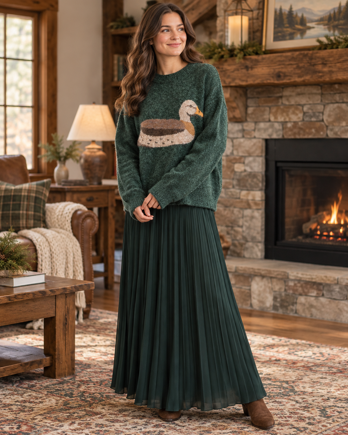 Mallard Susie Heathered Forest Green Duck Sweater lifestyle view 4