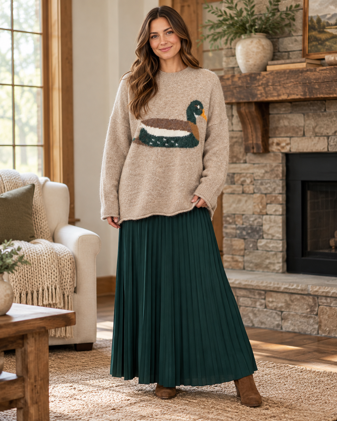 Mallard Drake Heathered Mocha Duck Sweater lifestyle view 1