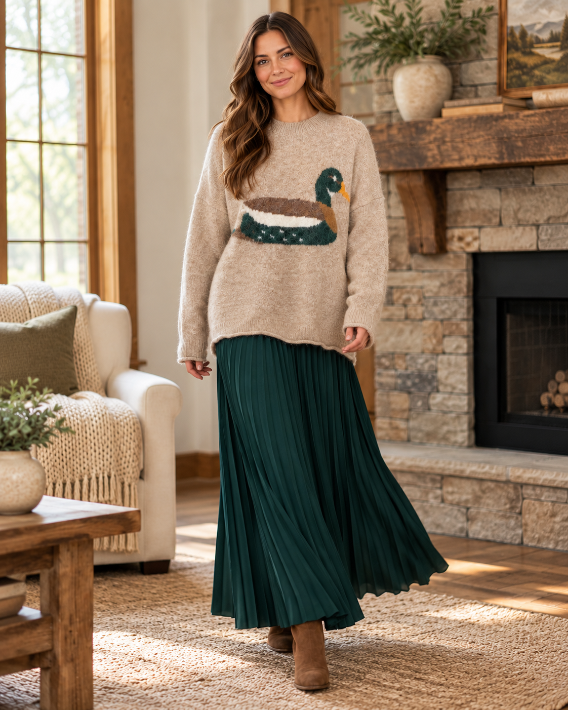 Mallard Drake Heathered Mocha Duck Sweater lifestyle view 3