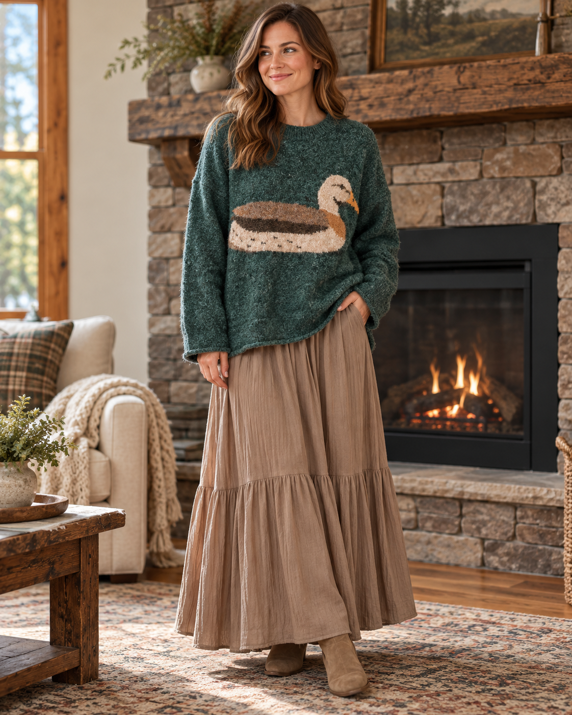 Mallard Susie Heathered Forest Green Duck Sweater lifestyle view 8