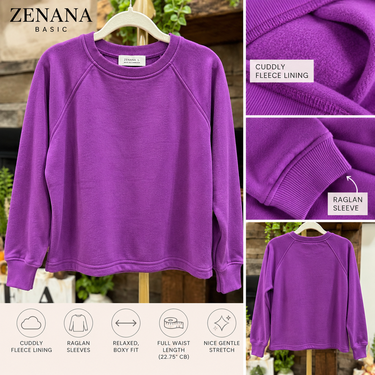 Purple Zenana raglan sweatshirt fabric detail