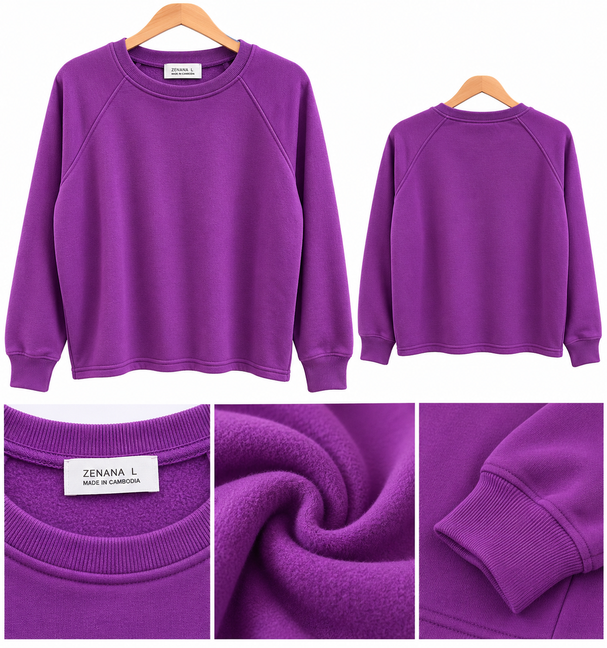 Purple fleece-lined raglan sweatshirt garment view