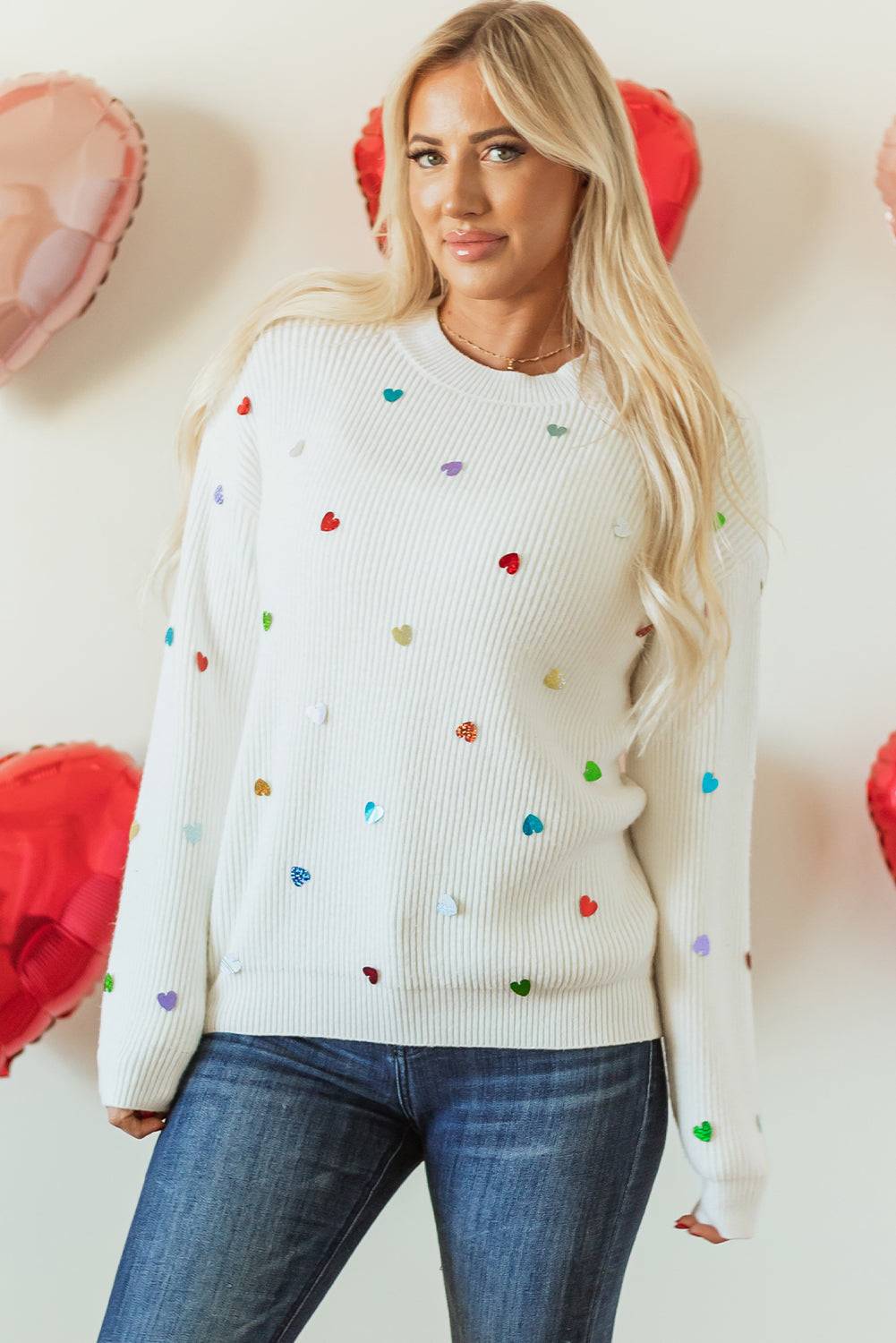 Heart Sequin Round Neck Long Sleeve Sweater