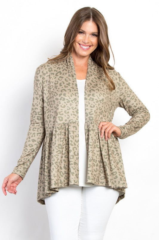 Be Stage Full Size Peplum Leopard Open Front Long Sleeve Cardigan