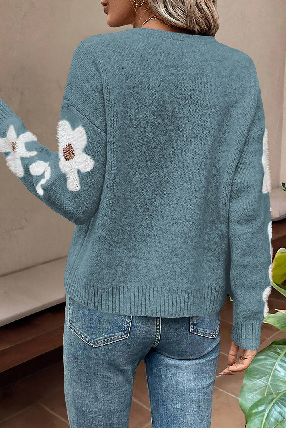 Dusk Blue Flower Sleeve Drop Shoulder Sweater