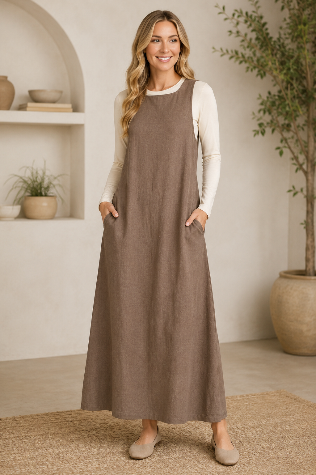 Ladies Lux Long Sleeve Layering Top by ModestAndDevoted in basic colors, shown in a natural pose highlighting its soft fabric and fit.