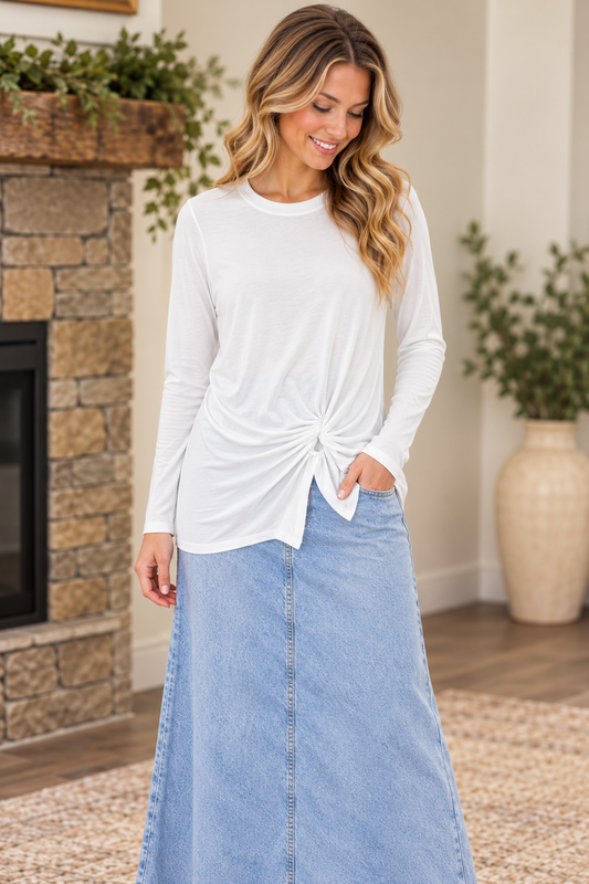 Azules white ruched side-twist long sleeve tunic top styled with a light wash denim maxi skirt
