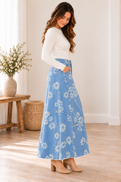 Light blue daisy denim maxi skirt side lifestyle view