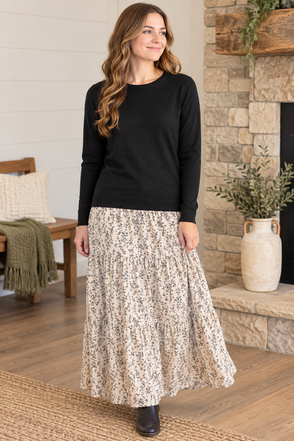 Zenana black sweater styled with a cream floral maxi skirt