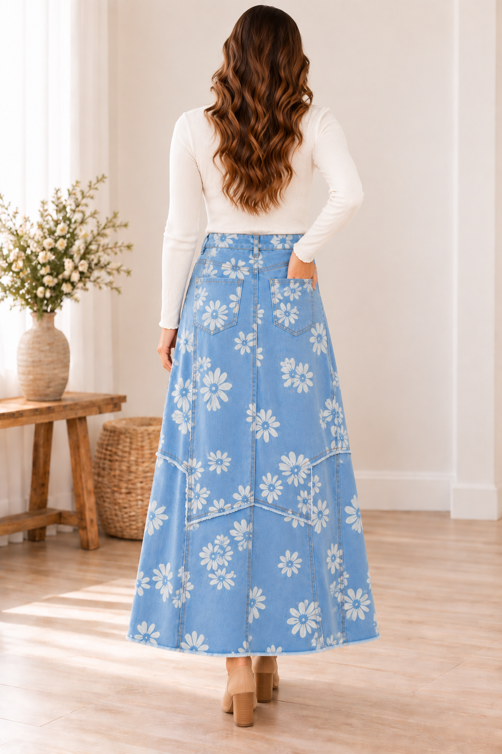 Light blue daisy denim maxi skirt back lifestyle view